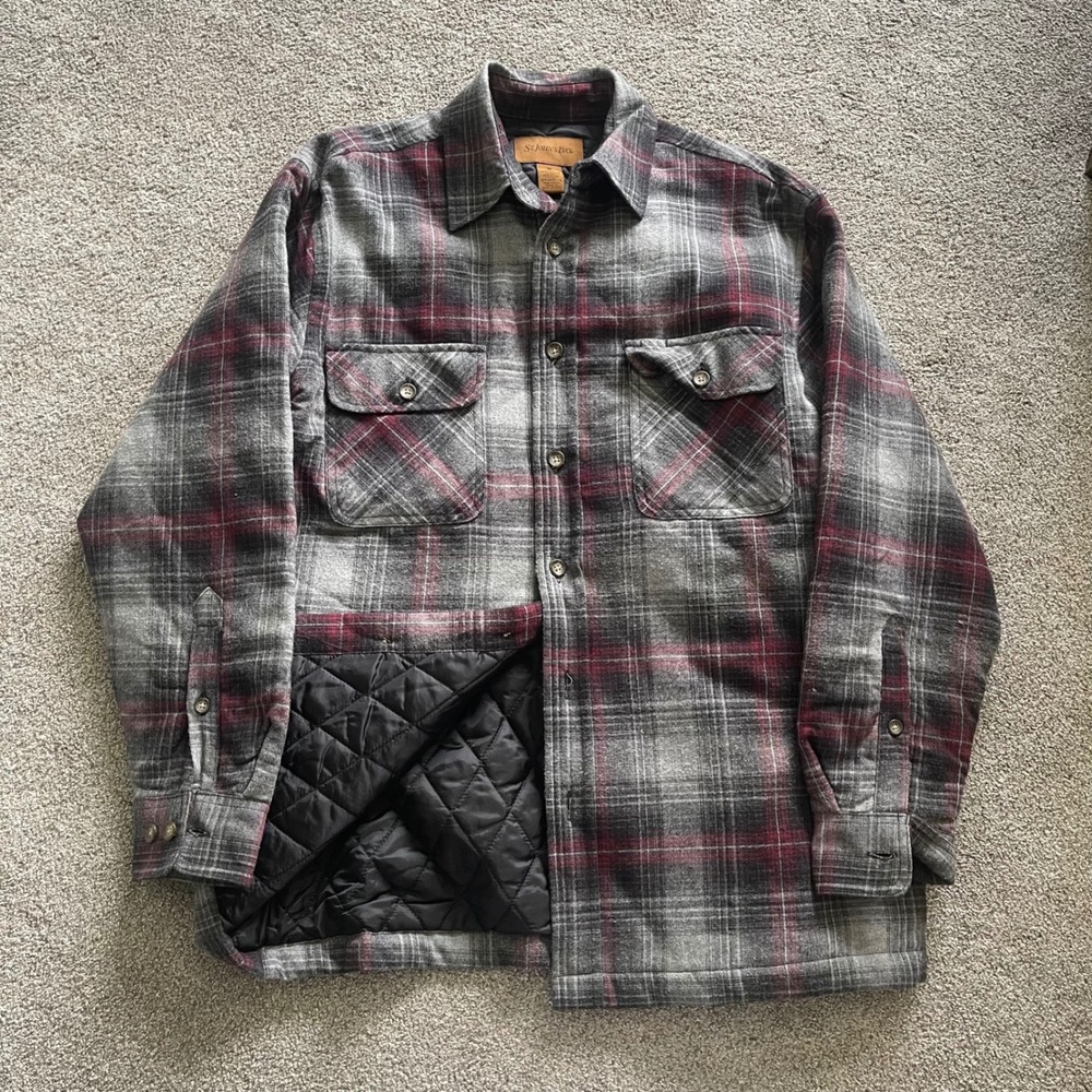 VTG Mens St Johns Bay Flannel Shirt Jacket Size M Grey Red Plaid Quilt Lined Exc